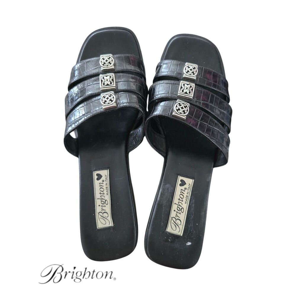 Brighton Women's Brandy Sandals Black Leather Croc Embossed Size 8